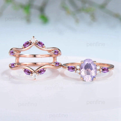Unique Oval Lavender Amethyst Engagement Ring Set Vintage Marquise Purple Amethyst Wedding Ring Double Curved Enhancer Band Anniversary Gift - PENFINE