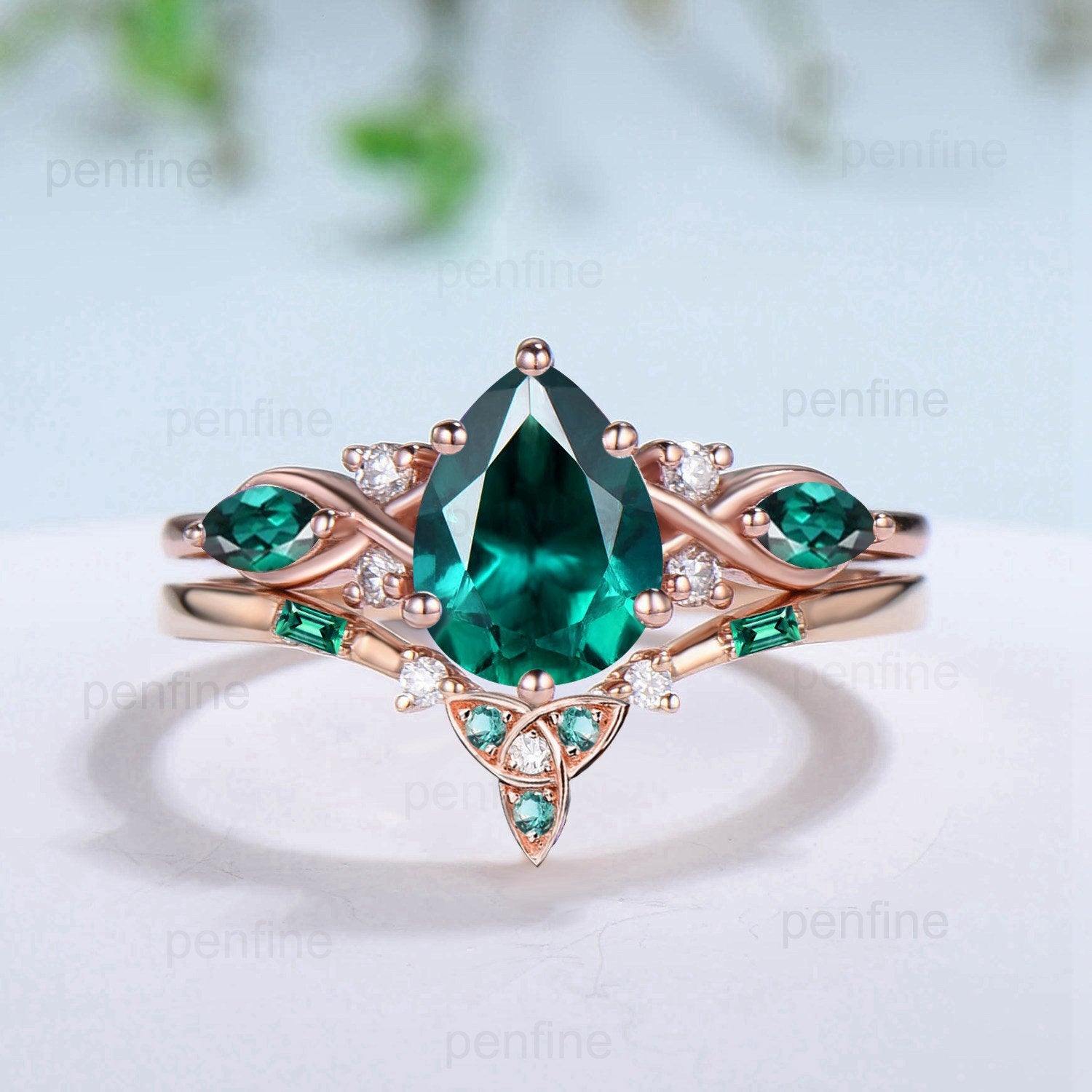 Vintage Emerald Wedding Ring Set Pear Shaped Emerald Engagement Ring Set Unique 14k Rose Gold Floral May Birthstone Bridal Ring Set Women - PENFINE