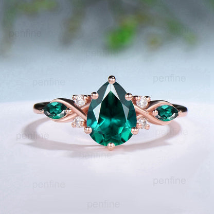 Vintage Emerald Wedding Ring Set Pear Shaped Emerald Engagement Ring Set Unique 14k Rose Gold Floral May Birthstone Bridal Ring Set Women - PENFINE