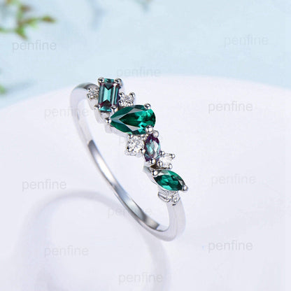 Vintage Baguette alexandrite wedding Band Pear emerald wedding ring for women Unique cluster moissanite Stacking matching Anniversary gift - PENFINE