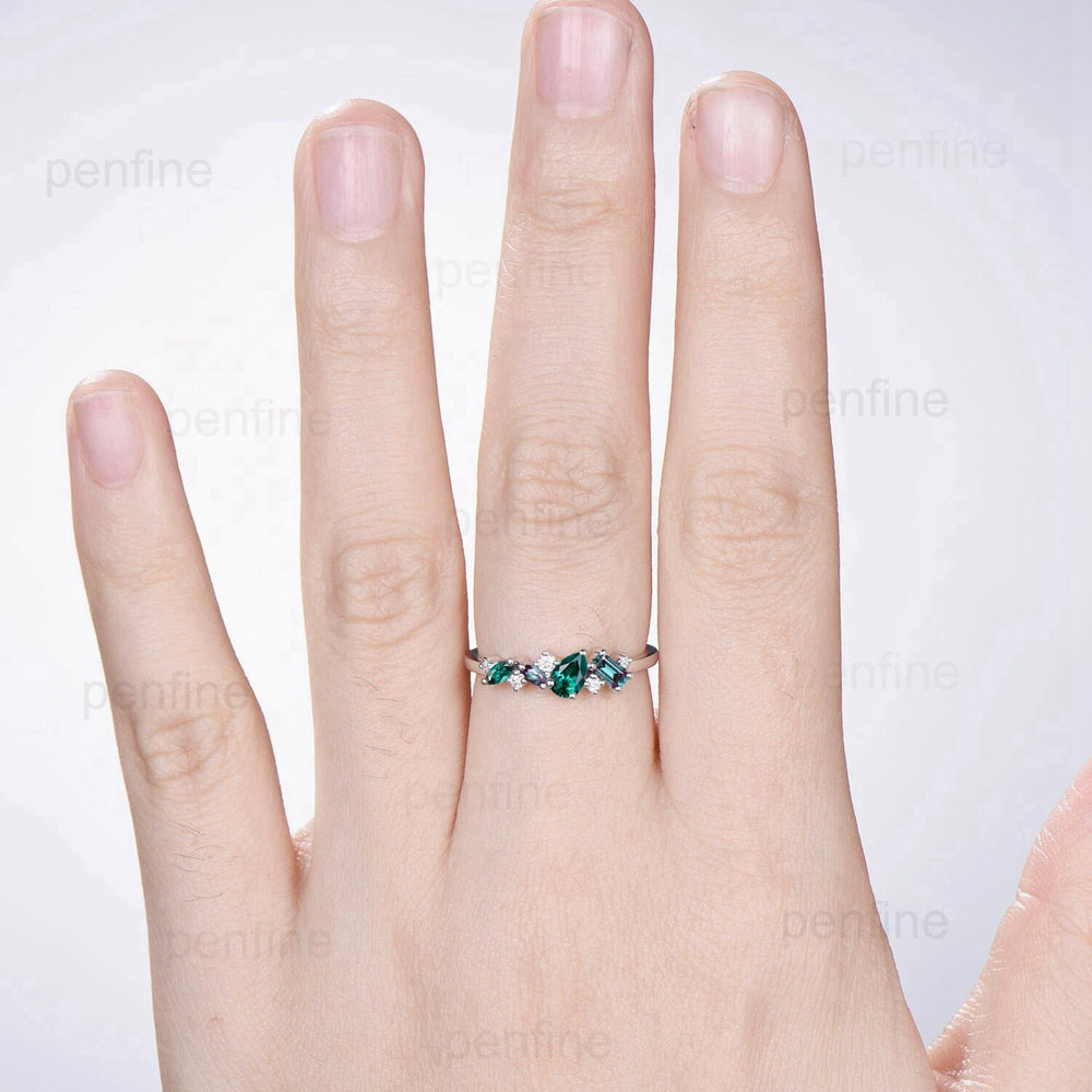 Vintage Baguette alexandrite wedding Band Pear emerald wedding ring for women Unique cluster moissanite Stacking matching Anniversary gift - PENFINE