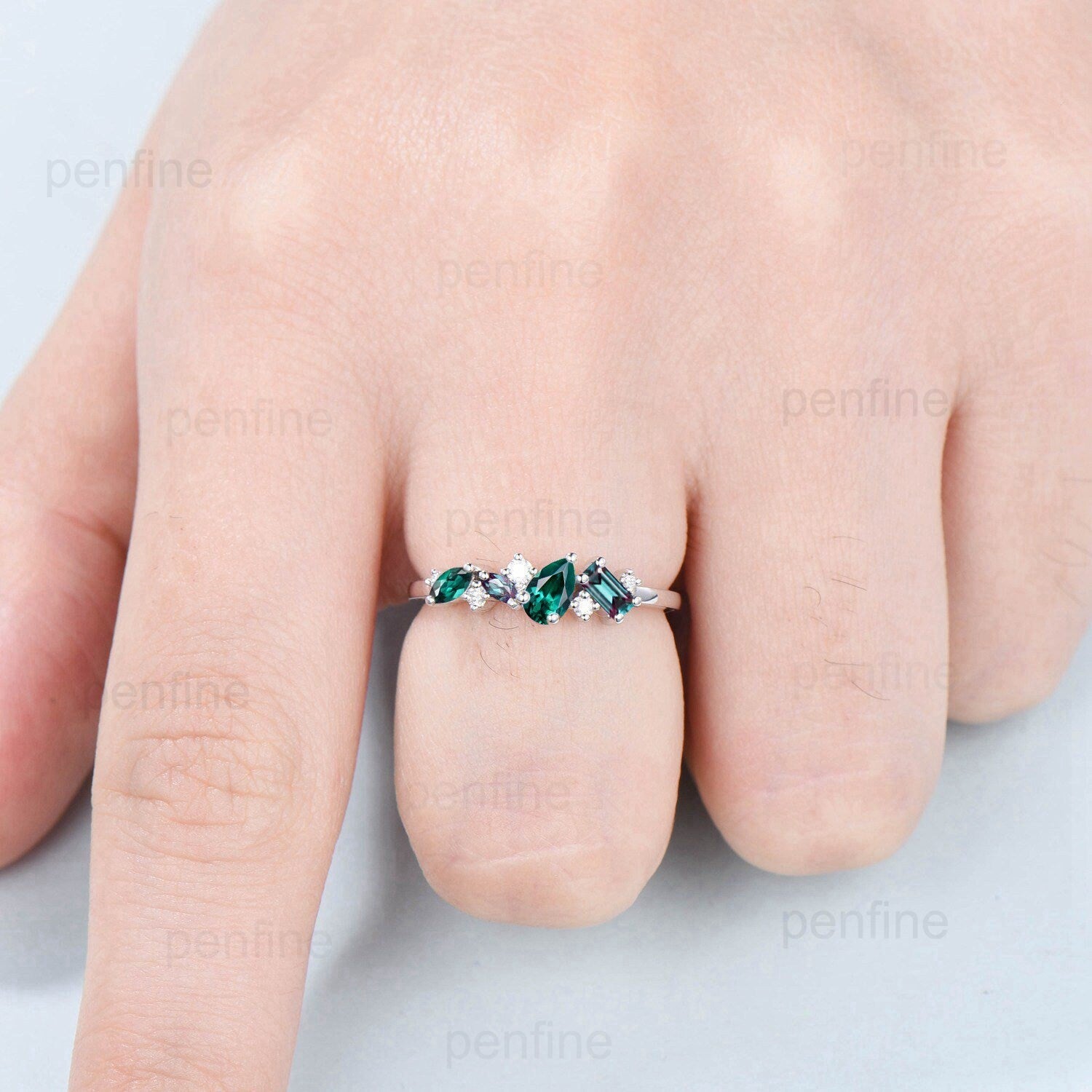 Vintage Baguette alexandrite wedding Band Pear emerald wedding ring for women Unique cluster moissanite Stacking matching Anniversary gift - PENFINE