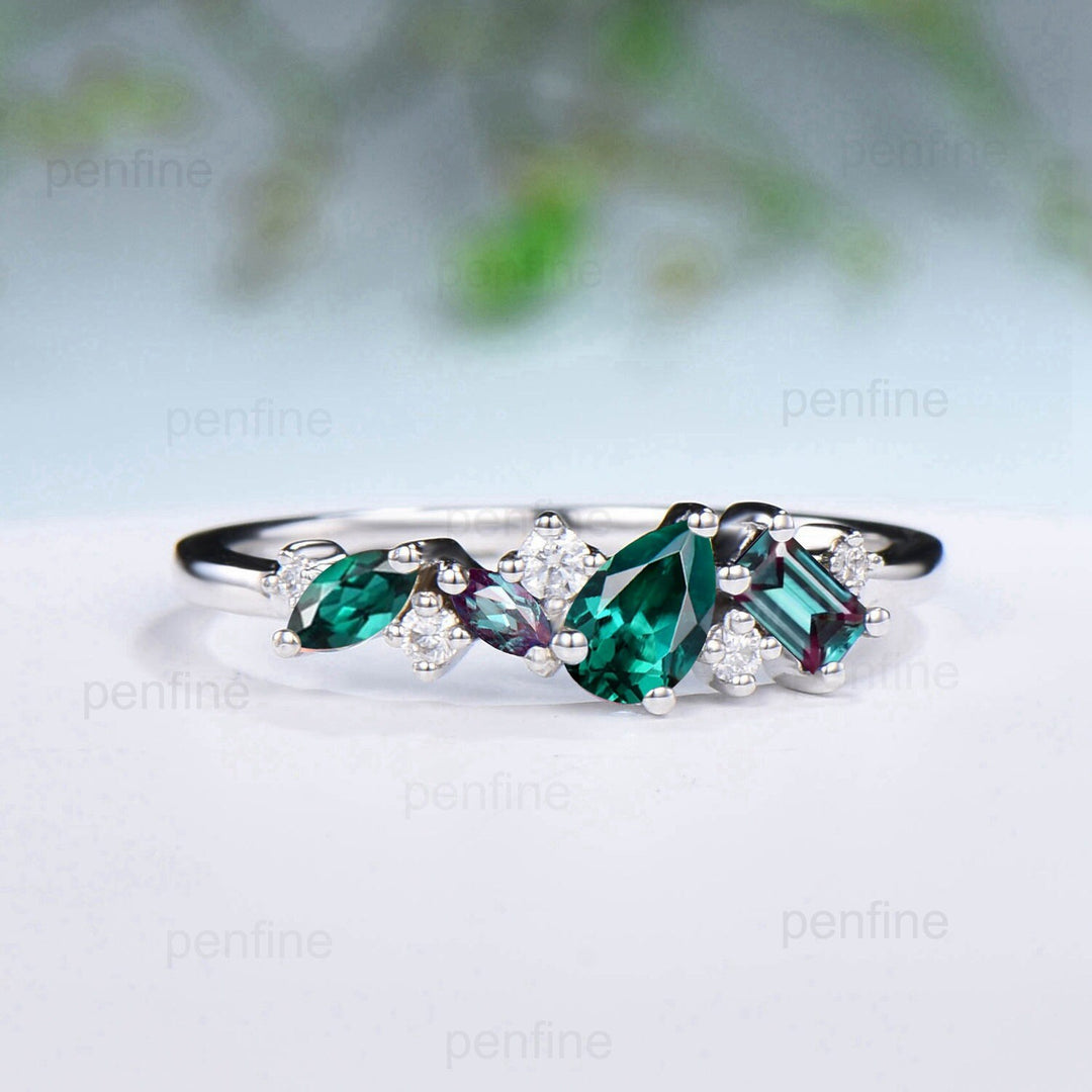 Vintage Baguette alexandrite wedding Band Pear emerald wedding ring for women Unique cluster moissanite Stacking matching Anniversary gift - PENFINE