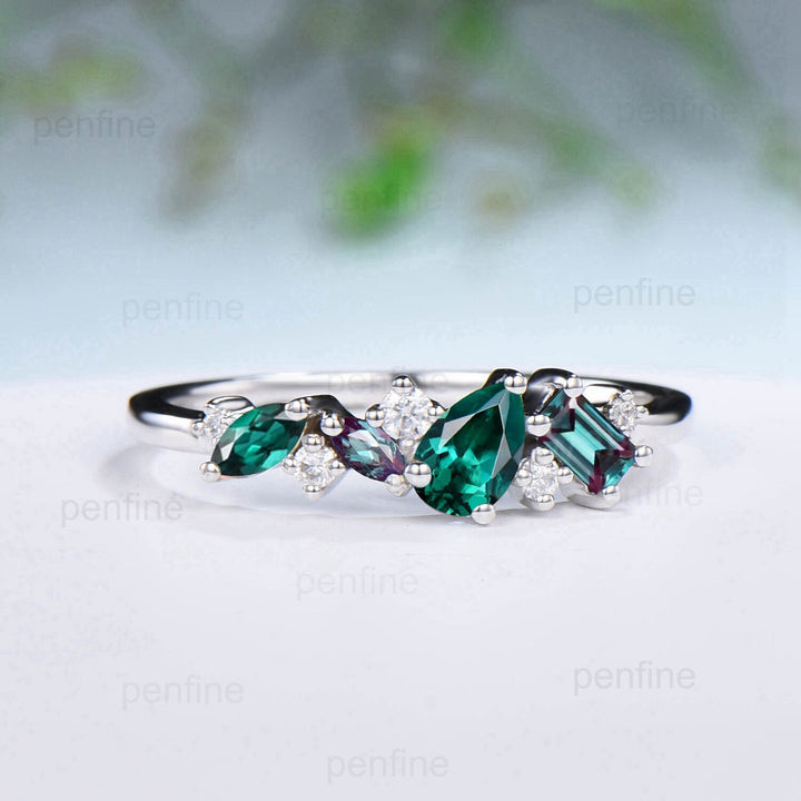 Vintage Baguette alexandrite wedding Band Pear emerald wedding ring for women Unique cluster moissanite Stacking matching Anniversary gift - PENFINE