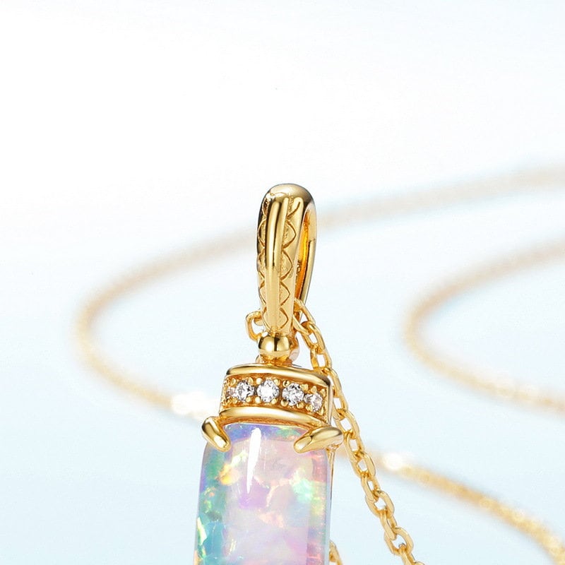 Vintage Baguette Opal Pendant Necklace Unique Unique Nature Inspired Fire Opal Pendant 14K/18K Rose Gold Necklace For Women Birthday Gift - PENFINE