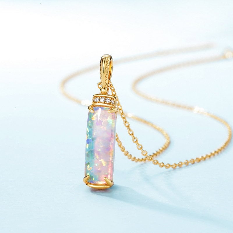 Vintage Baguette Opal Pendant Necklace Unique Unique Nature Inspired Fire Opal Pendant 14K/18K Rose Gold Necklace For Women Birthday Gift - PENFINE