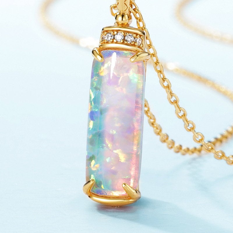 Vintage Baguette Opal Pendant Necklace Unique Unique Nature Inspired Fire Opal Pendant 14K/18K Rose Gold Necklace For Women Birthday Gift - PENFINE