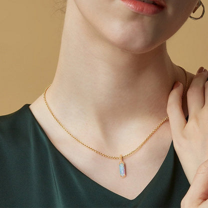 Vintage Baguette Opal Pendant Necklace Unique Unique Nature Inspired Fire Opal Pendant 14K/18K Rose Gold Necklace For Women Birthday Gift - PENFINE