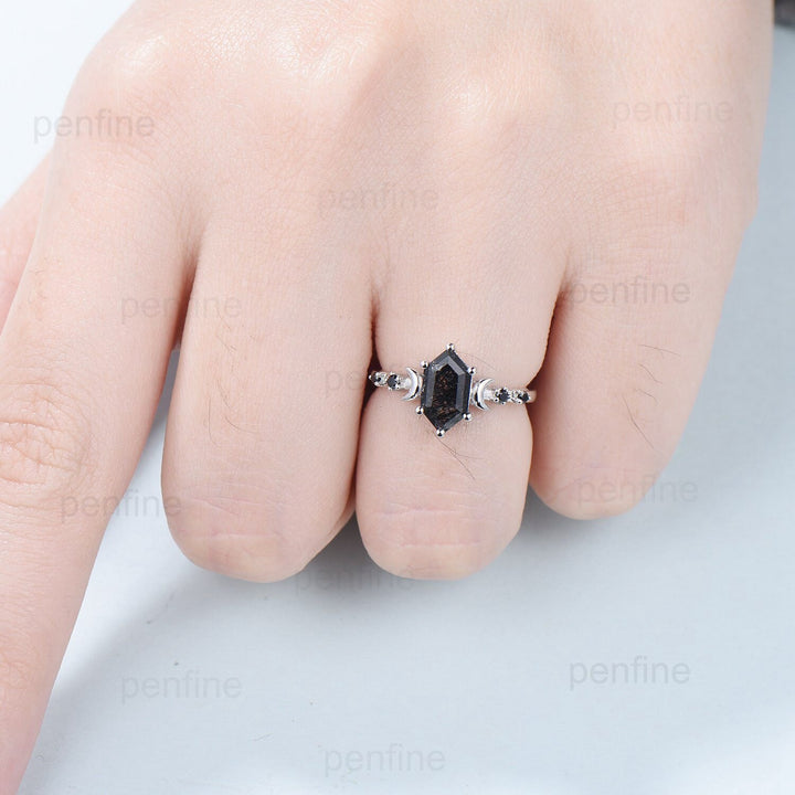 Crescent Moon Black Rutilated Quartz Engagement Ring Set Unique Long Hexagon Black Crystal Wedding Ring  Spinel Stacking Anniversary Ring - PENFINE