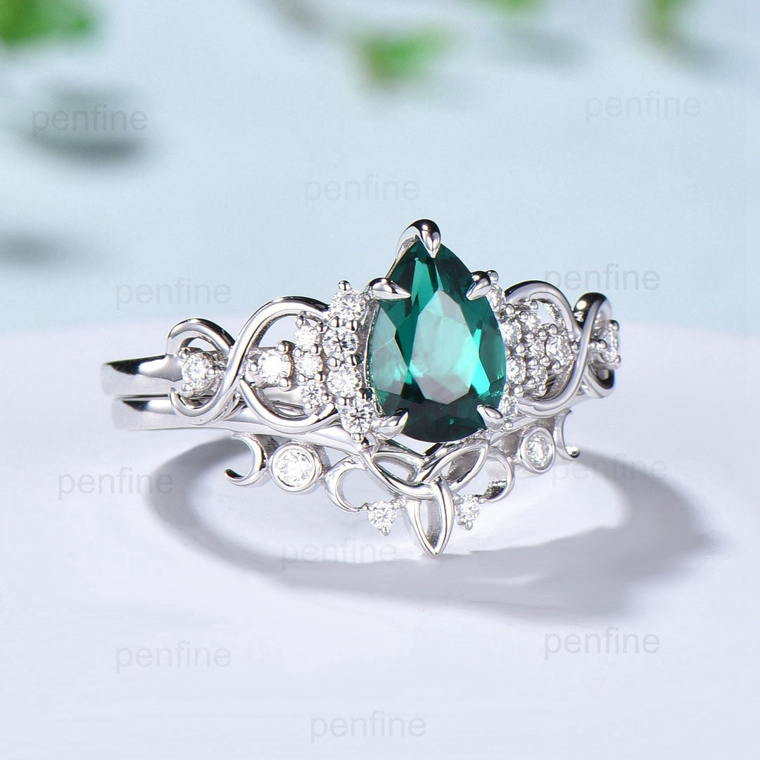 Celtic Love emerald wedding set vintage emerald engagement ring set pear shaped Norse Viking Cluster emerald diamonds Knot bridal ring set - PENFINE