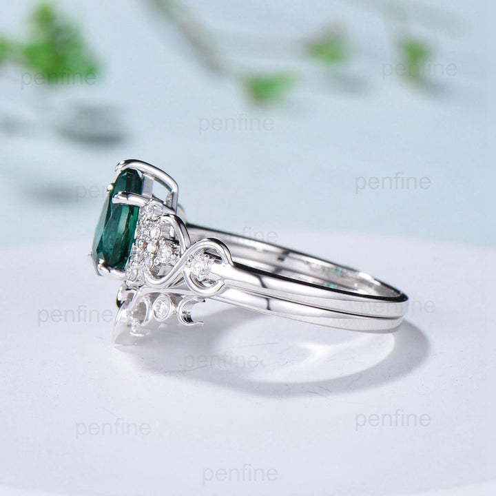 Celtic Love emerald wedding set vintage emerald engagement ring set pear shaped Norse Viking Cluster emerald diamonds Knot bridal ring set - PENFINE