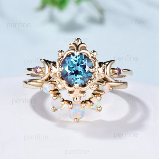 Vintage Alexandrite Ring Set Magic Crescent Moon Floral Alexandrite Engagement Ring Color Change Cluster Amethyst Opal Wedding Set for Women - PENFINE