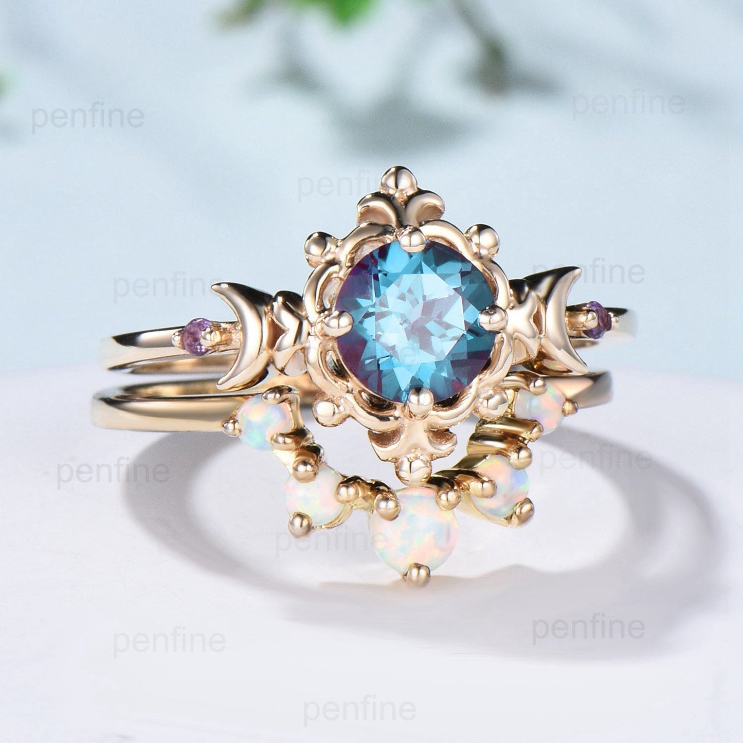 Vintage Alexandrite Ring Set Magic Crescent Moon Floral Alexandrite Engagement Ring Color Change Cluster Amethyst Opal Wedding Set for Women - PENFINE