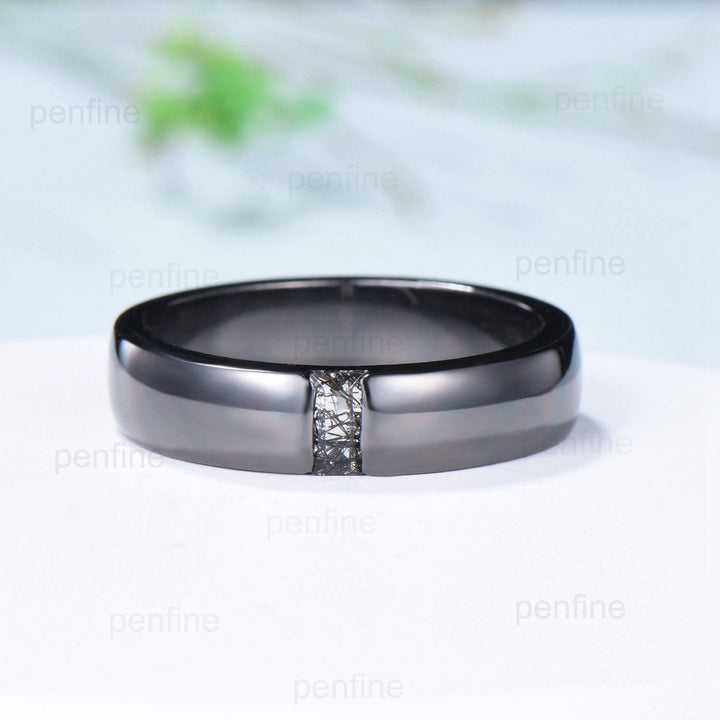 Black Gold Black Rutilated Quartz Men Wedding Band Baguette Black Stone Mens Ring Solitaire 5mm Stacking Matching Band Retro Vintage Gift - PENFINE