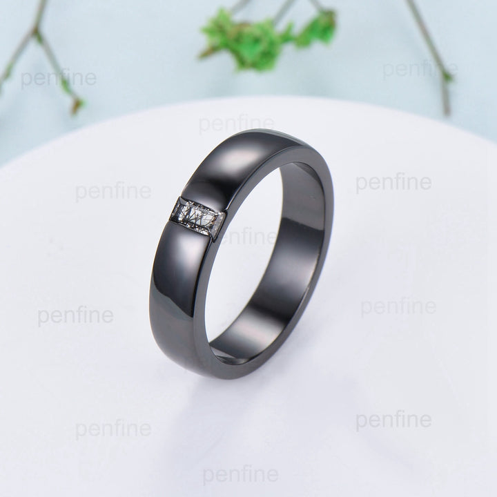 Black Gold Black Rutilated Quartz Men Wedding Band Baguette Black Stone Mens Ring Solitaire 5mm Stacking Matching Band Retro Vintage Gift - PENFINE