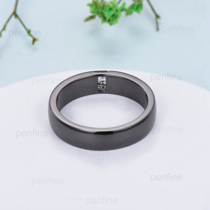 Black Gold Black Rutilated Quartz Men Wedding Band Baguette Black Stone Mens Ring Solitaire 5mm Stacking Matching Band Retro Vintage Gift - PENFINE