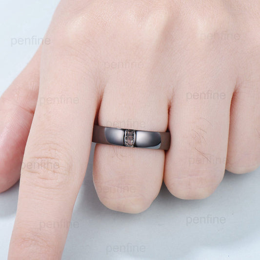 Black Gold Black Rutilated Quartz Men Wedding Band Baguette Black Stone Mens Ring Solitaire 5mm Stacking Matching Band Retro Vintage Gift - PENFINE