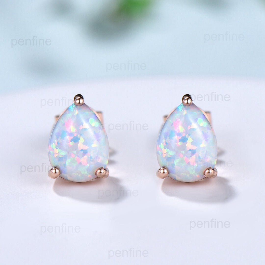 Dainty fire opal earrings solitaire pear shaped white opal stud earrings rose gold minimalist October birthstone Handmade Proposal Gift - PENFINE