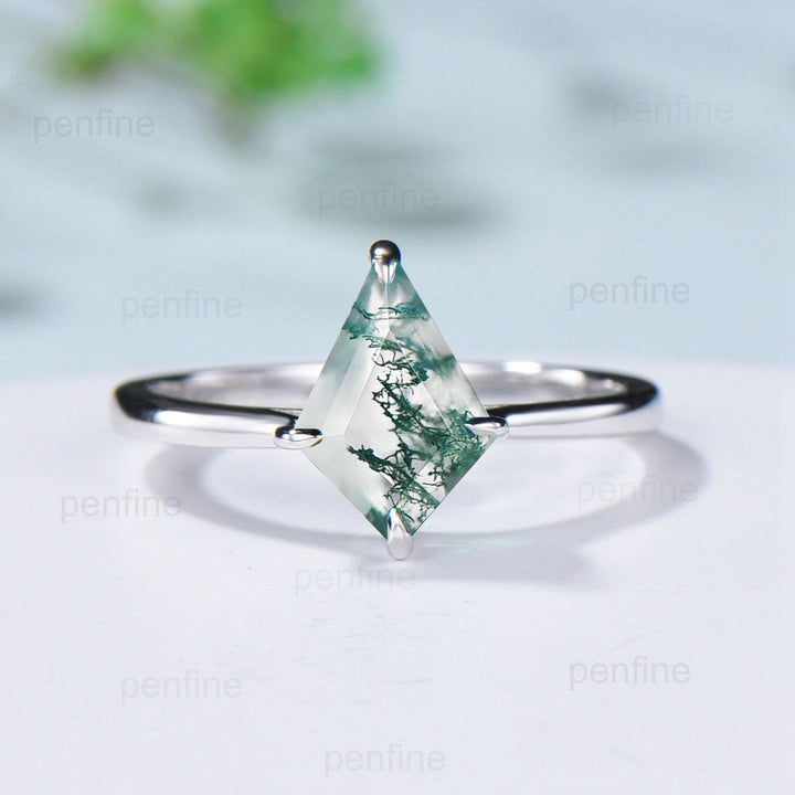 Dainty Moss Agate Engagement Ring Set Kite Cut Solitaire Minimalist Wedding Set Rose Gold Art Deco Green Agate Bridal Set Anniversary Gift - PENFINE