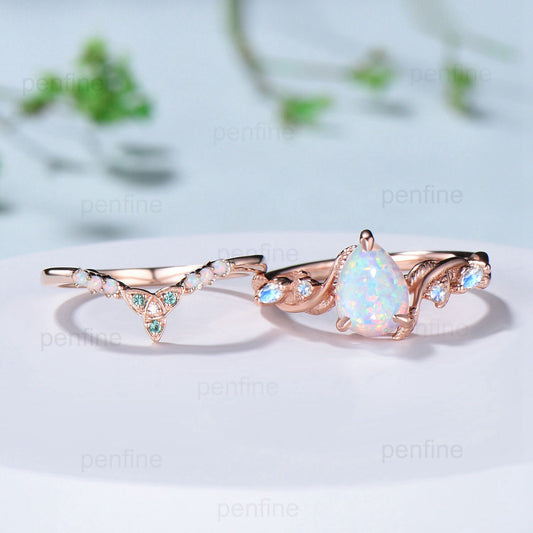 Vintage Pear White Opal Engagement Ring Set Marquise Moonstone Five Stone Fire Opal Wedding Set Art Deco Norse Viking Emerald Stacking Band - PENFINE