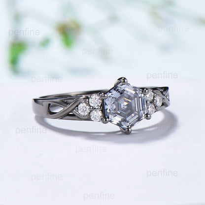Vintage Gray Moissanite Engagement Ring White Gold Black Gold Unique Alternative Infinity Ring Cluster Diamond Wedding Ring Anniversary gift - PENFINE
