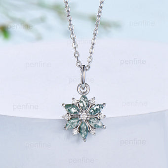 Vintage Snowflake Moss Agate Pendant Necklace Unique Retro Marquise Agate Necklace Floral Flower Pendant Natural Pendant Christmas gift - PENFINE