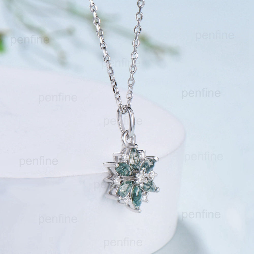 Vintage Snowflake Moss Agate Pendant Necklace Unique Retro Marquise Agate Necklace Floral Flower Pendant Natural Pendant Christmas gift - PENFINE