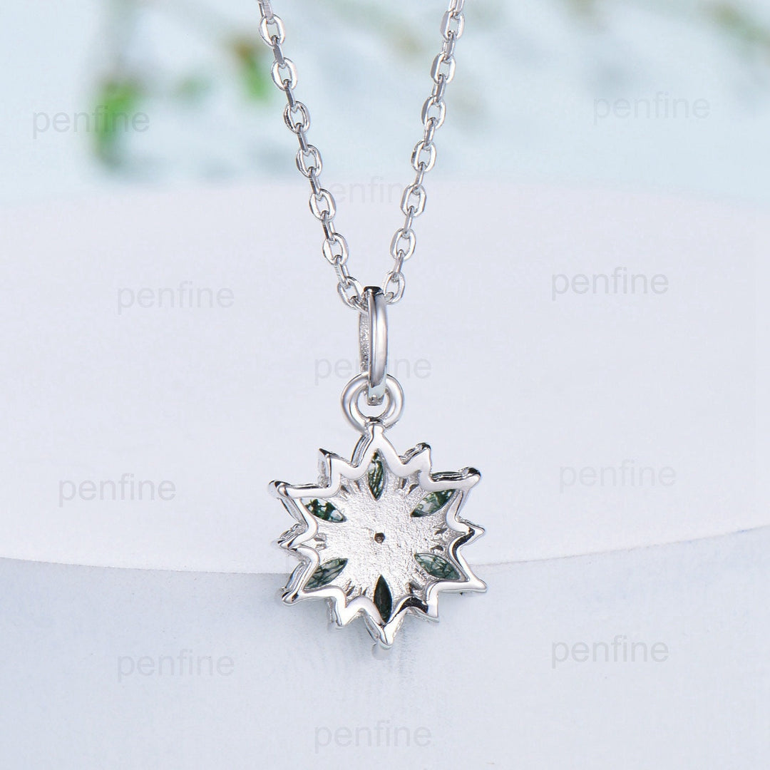 Vintage Snowflake Moss Agate Pendant Necklace Unique Retro Marquise Agate Necklace Floral Flower Pendant Natural Pendant Christmas gift - PENFINE