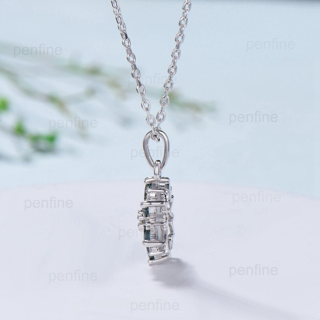 Vintage Snowflake Moss Agate Pendant Necklace Unique Retro Marquise Agate Necklace Floral Flower Pendant Natural Pendant Christmas gift - PENFINE