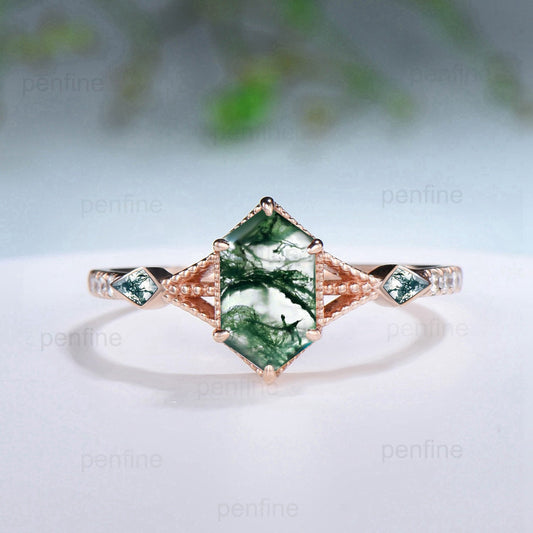 Vintage Green Agate Ring set Retro 5X9mm long hexagon Moss Agate engagement ring set marquise kite agate wedding ring stacking bridal set - PENFINE