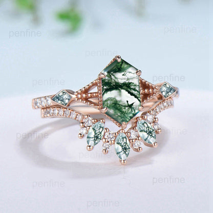 Vintage Green Agate Ring set Retro 5X9mm long hexagon Moss Agate engagement ring set marquise kite agate wedding ring stacking bridal set - PENFINE