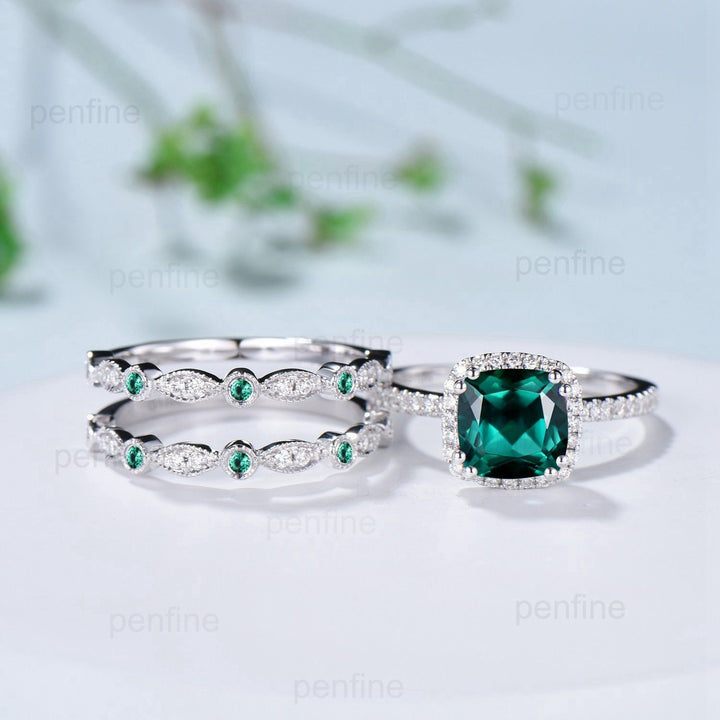 Vintage cushion emerald wedding ring set 14k/18k white gold retro halo diamond emerald engagement ring set Double enhancer stacking band - PENFINE