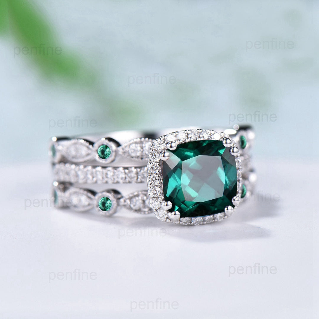 Vintage cushion emerald wedding ring set 14k/18k white gold retro halo diamond emerald engagement ring set Double enhancer stacking band - PENFINE