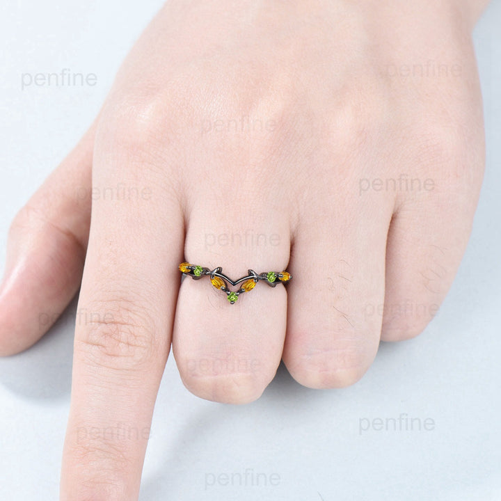 Art Deco Black Gold Citrine Wedding Ring Unique Marquise Citrine Peridot Stackable Matching Band Handmade Proposal Gifts for Women - PENFINE