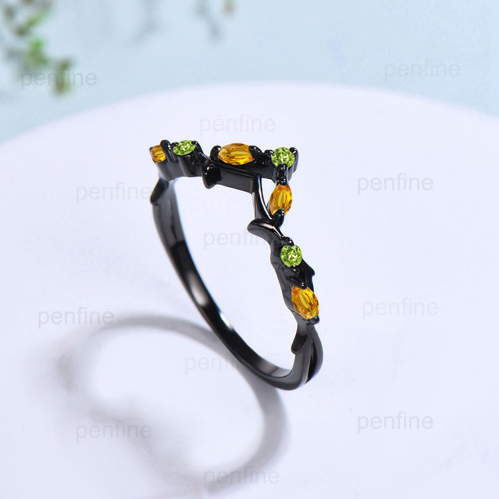 Art Deco Black Gold Citrine Wedding Ring Unique Marquise Citrine Peridot Stackable Matching Band Handmade Proposal Gifts for Women - PENFINE