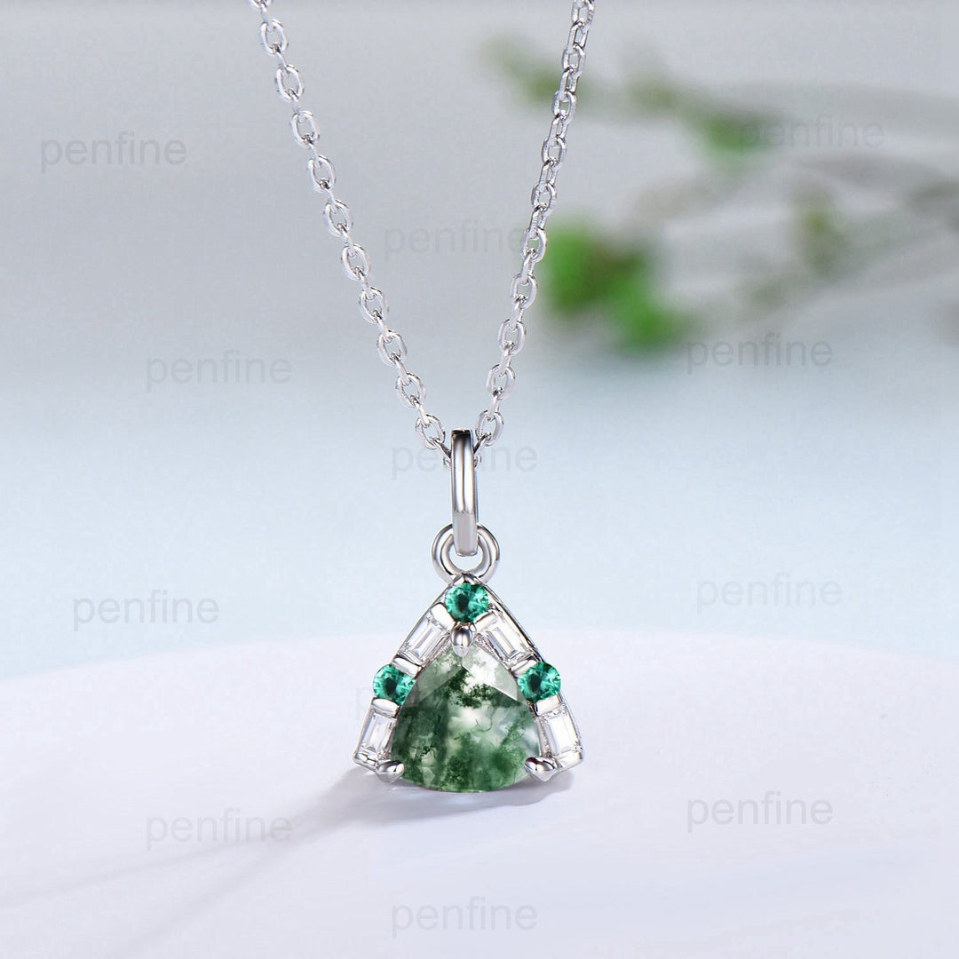 Trilliant Moss agate pendant necklace vintage baguette moissanite pendant silver rose gold emerald necklace Engagement Gift For Women - PENFINE