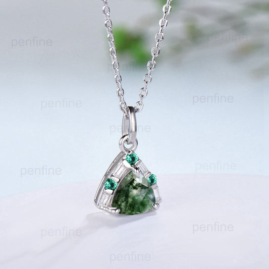 Trilliant Moss agate pendant necklace vintage baguette moissanite pendant silver rose gold emerald necklace Engagement Gift For Women - PENFINE