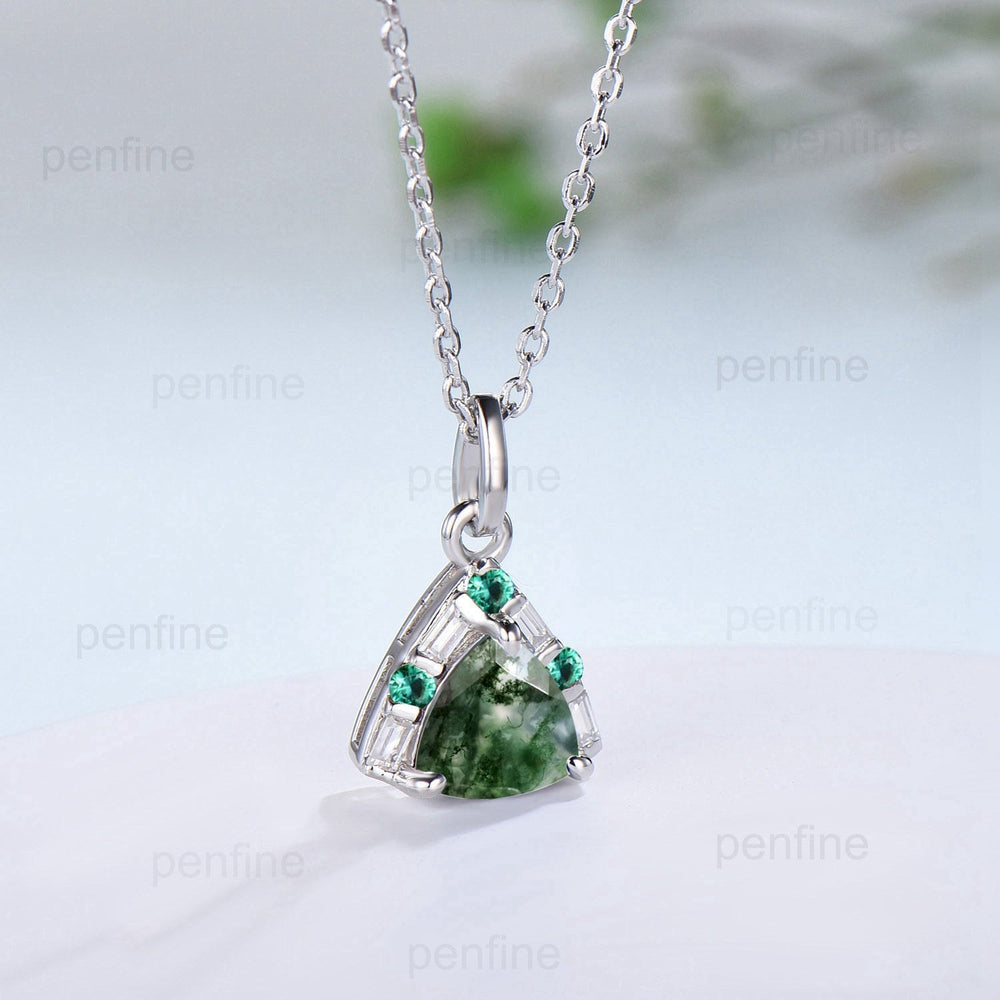 Trilliant Moss agate pendant necklace vintage baguette moissanite pendant silver rose gold emerald necklace Engagement Gift For Women - PENFINE