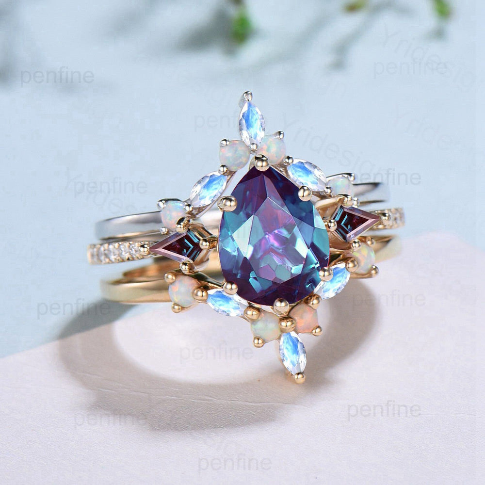 Vintage Pear Shaped Alexandrite Engagement Ring Set Retro Opal Moonstone Stacking Wedding ring Set Cute Art Deco Unique Bridal Set For Women - PENFINE