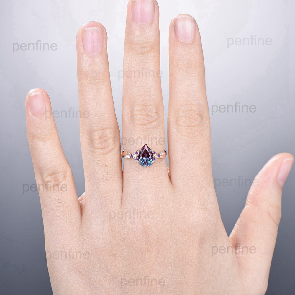 Vintage alexandrite ring 6x9mm Pear Shaped alexandrite engagement ring Norse Viking infinity amethyst wedding ring Twig anniversary gift - PENFINE