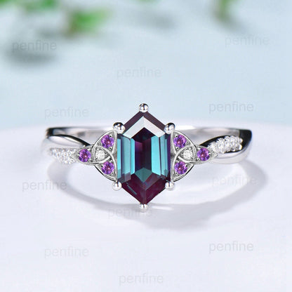 Norse Viking long hexagon alexandrite engagement ring set twisted infinity moissanite amethyst band baguette kite wedding ring set for women - PENFINE