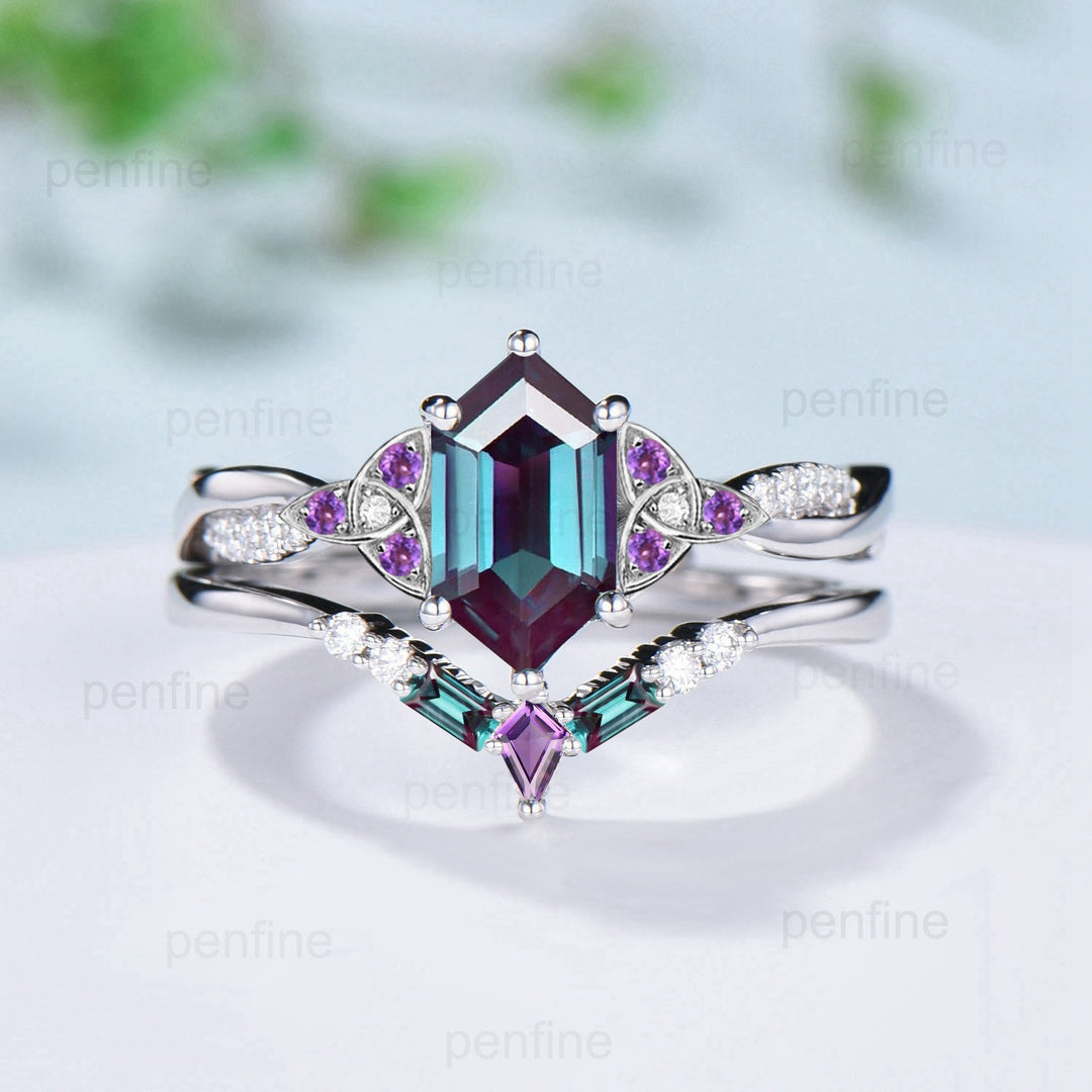 Norse Viking long hexagon alexandrite engagement ring set twisted infinity moissanite amethyst band baguette kite wedding ring set for women - PENFINE