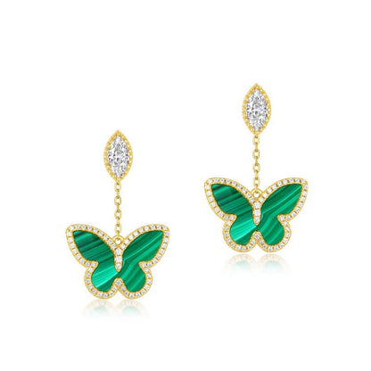 Vintage butterfly malachite earrings Unique yellow gold drop stud earrings dainty green agate anniversary gift for women - PENFINE