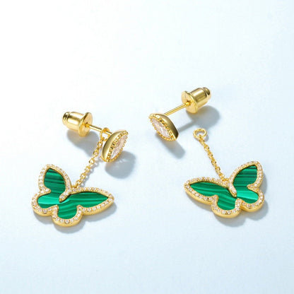 Vintage butterfly malachite earrings Unique yellow gold drop stud earrings dainty green agate anniversary gift for women - PENFINE