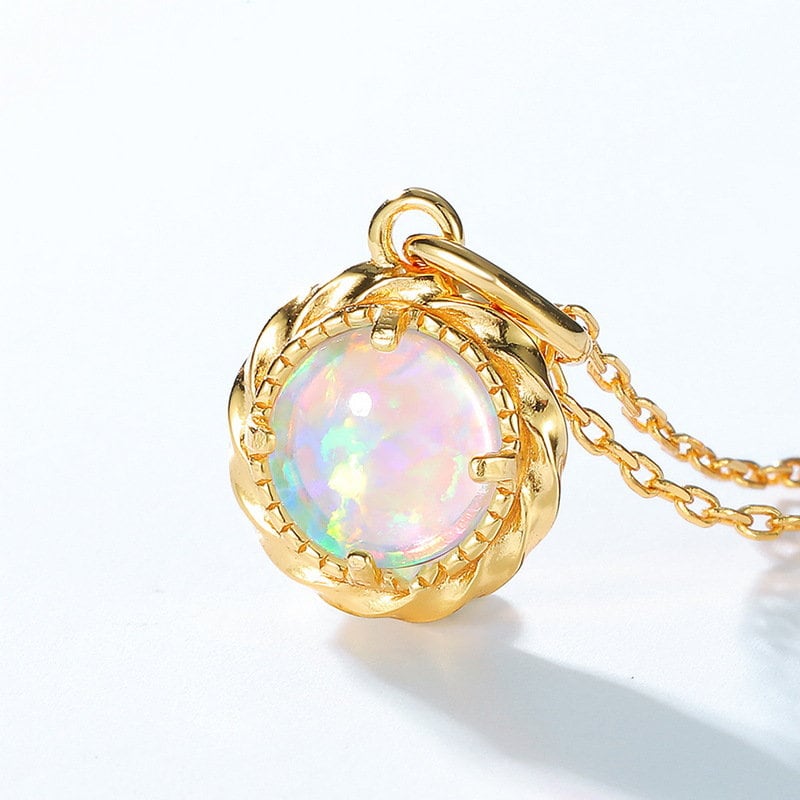Vintage fire opal pendant necklace solitaire 7mm round opal pendant yellow gold minimalist October birthstone pendant necklace for women - PENFINE