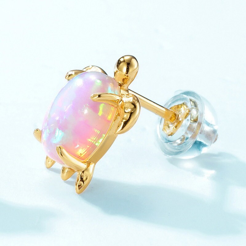 Dainty Fire Opal Earrings Yellow Gold Ocean Series Little Turtle Synthetic Opal Earrings October birthstone Handmade Proposal Gift - PENFINE
