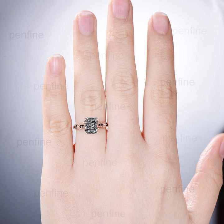 Retro emerald cut black rutilated quartz ring Vintage celtic black onyx Engagement Ring unique 8 prongs wedding band women anniversary gift - PENFINE