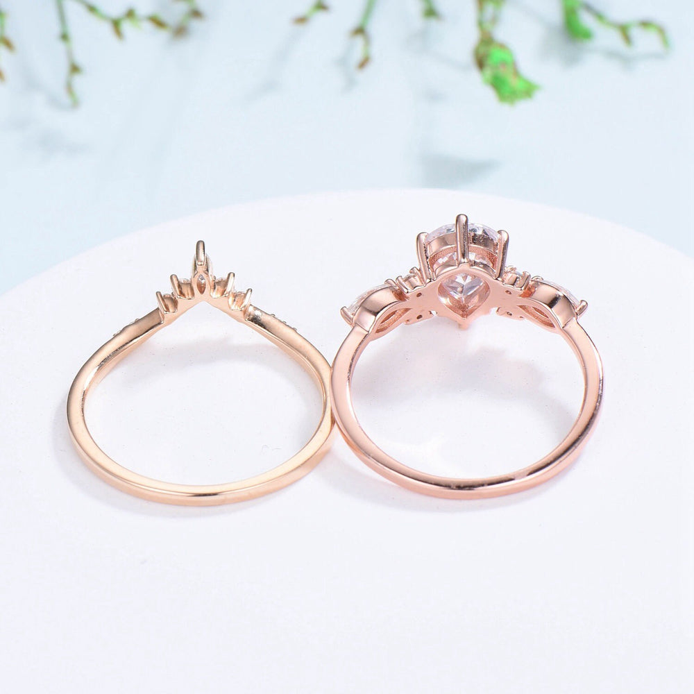 Vintage pear shaped garnet engagement ring set 14k rose gold marquise cut garnet ring for women unique January birthstone bridal ring set - PENFINE