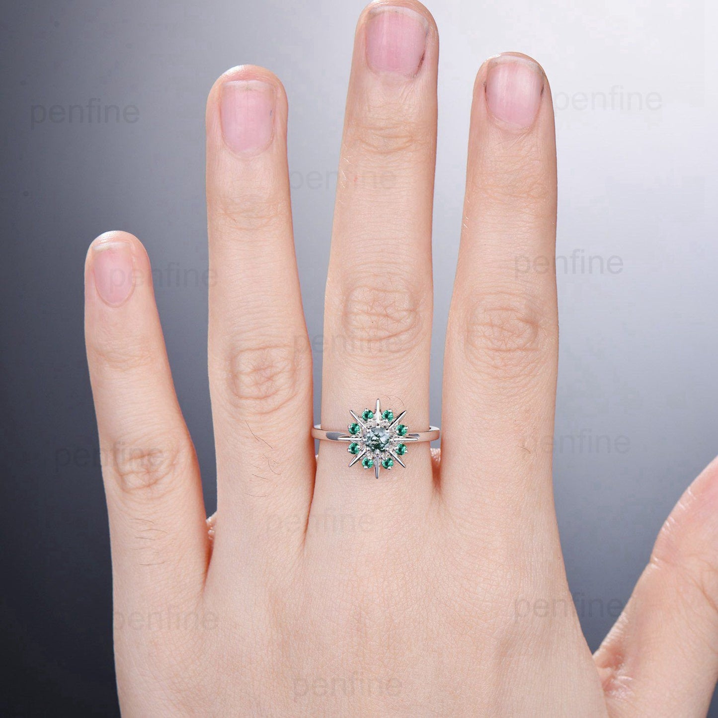 Vintage Galaxy Star Moss Agate Engagement Ring Sunflower White Gold Art Deco Agate Emerald Stacking Promise Ring Handmade Proposal Gifts - PENFINE