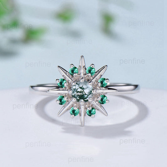 Vintage Galaxy Star Moss Agate Engagement Ring Sunflower White Gold Art Deco Agate Emerald Stacking Promise Ring Handmade Proposal Gifts - PENFINE
